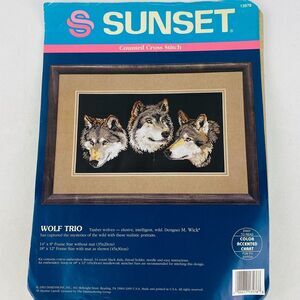 Dimensions Sunset 13576 Wolf Trio Counted Cross Stitch Kit 1993 Open Complete‎
